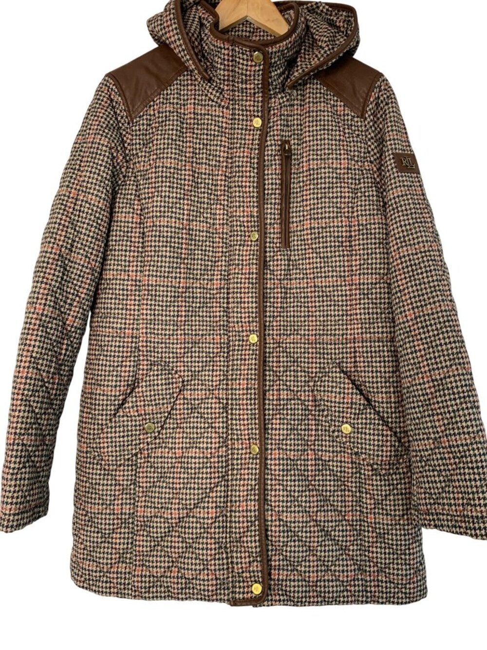 Lauren Ralph Lauren Womens Quilt Houndstooth Jacket Faux Leather Trim Size L